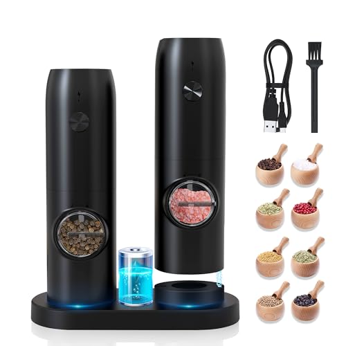 Elektrische Salz und Pfeffermühle Set, Wiederaufladbare Pfeffermühle mit Ladestation, USB Kabel, Einhandbedienung, Einstellbare Grobheit mit Keramikmahlwerk, Hochwertiger ABSKörper, (2er Set, von BGFOX