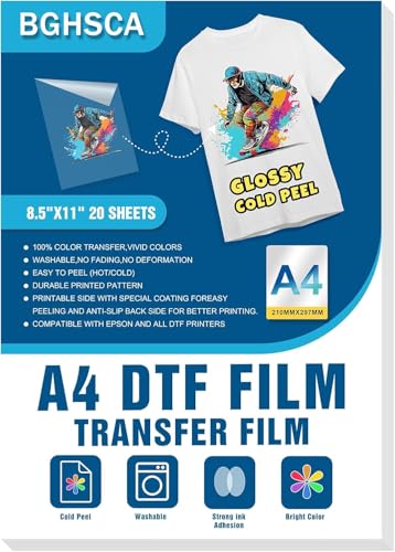 BGHSCA DTF Transferfolie Papier A4 (21cm x 29.7cm) 20 Blätter Glossy Doppelseitige Klare Vorbehandlungsblätter PET Heat Transfer Papier Direct to Transfer Film für Tshirt von BGHSCA