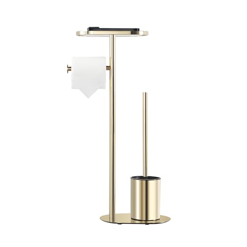 BGL Freistehendes Toilettenbürsten-Set mit Toilettenpapierhalter, Luxus-Edelstahl in Bright Gold, 3-in-1 Badezimmerzubehör mit Ablage von BGL