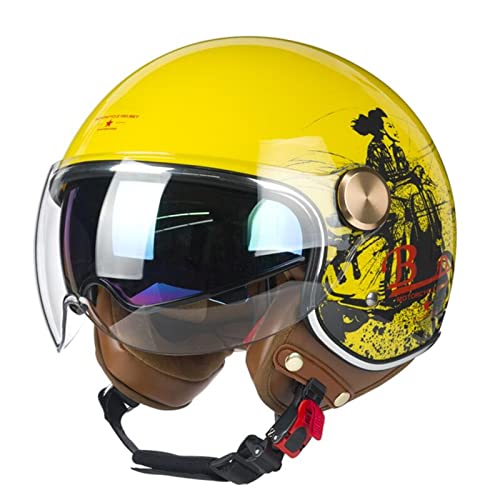 BGMKE Erwachsene Motorrad Helm Retro Brain-Cap 3/4 Halbhelm Vintage Style Jethelm Für Herren Damen Cruiser Scooter-Helm Mofa-Helm ECE Zertifizierung Roller Moped Helm Mit Visier von BGMKE