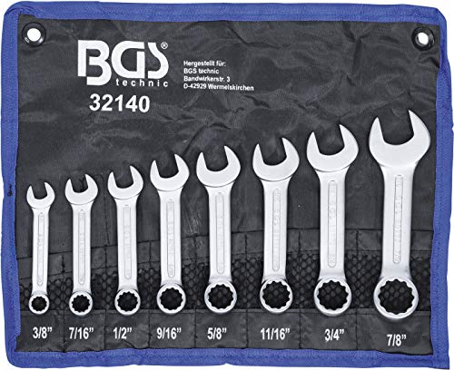 BGS 32140 | Maul-Ringschlüssel-Satz | 8-tlg. | extra kurz | Zollgrößen | SW 3/8" - 7/8" | inkl. Tetron-Rolltasche | Gabelringschlüssel von BGS technic