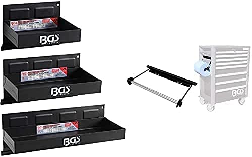 BGS Magnet-Ablagen-Satz + 67161 | Metallischer Papierrollen-Halter für Werkstatt und Garage, Schwarz, Klein, Wandmontage, 3 Magnetische Ablagen, 3 Regalböden, 3 Fächer von BGS