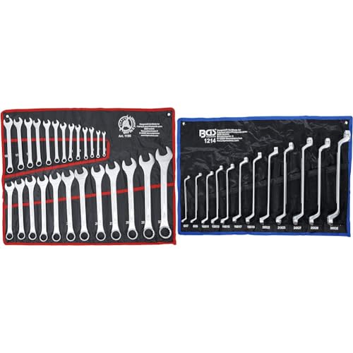 BGS Diy 1198 | Maul-Ringschlüssel-Satz | 25-tlg. | SW 6 - 32 mm | inkl. Tetron-Rolltasche | Gabelringschlüssel + 1214 | Doppel-Ringschlüssel-Satz | 12-tlg. | gekröpft | SW 6 x 7 - 30 x 32 mm von BGS Do it yourself