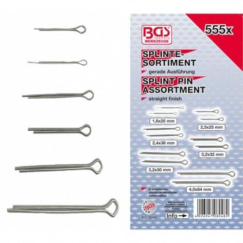 BGS 8048 | Splinte-Sortiment | 555-tlg. | Ø 1,6 - 4,0 mm | inkl. Sortimentskasten | Sicherungsstifte von BGS