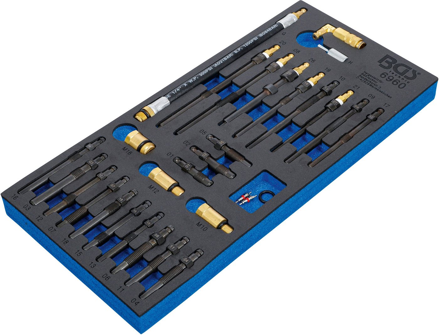 BGS Werkzeugset Adapter für Kompressions- und Druckverlusttester, 30-tlg., Werkstattwageneinlage 1/3 von BGS