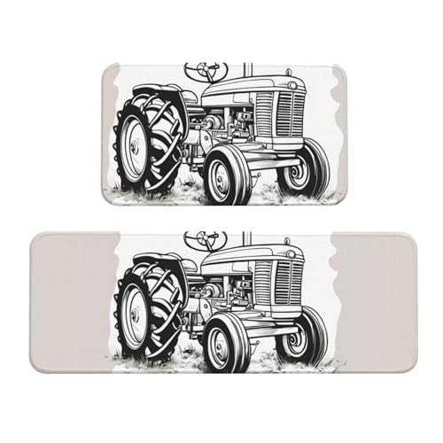 BGSHJVF Küchenmatten mit Cartoon-Traktor-Druck, waschbar, Küchenteppich, 2er-Set, für Heimdekoration, Küchenzubehör von BGSHJVF