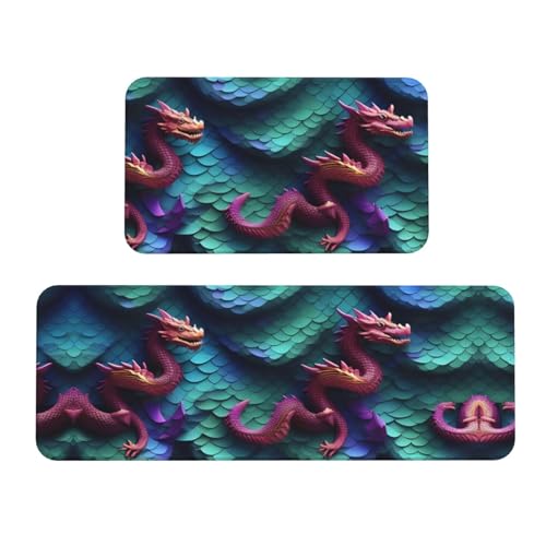 BGSHJVF Küchenmatten mit magischem Drachen-Schuppenmuster, 3D-Druck, waschbar, Küchenteppich, 2er-Set, für Heimdekoration, Küchenzubehör von BGSHJVF