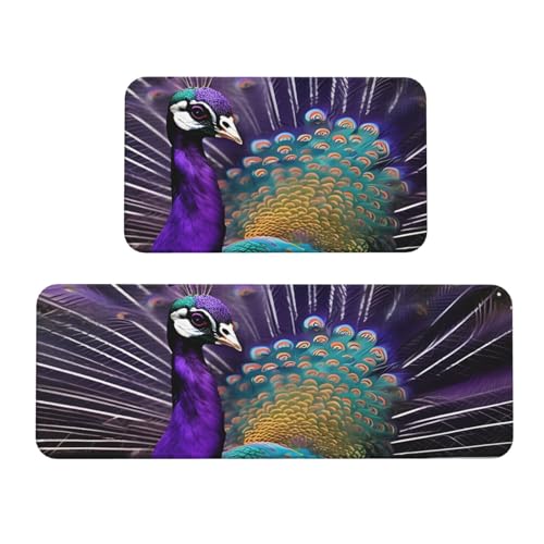 BGSHJVF Küchenmatten mit violettem Pfauen-Druck, waschbar, Küchenteppich, 2er-Set, für Heimdekoration, Küchenzubehör von BGSHJVF