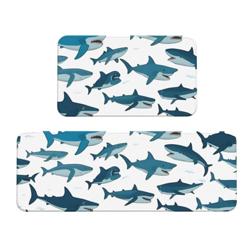 Haifischmuster mit verschiedenen Gesten, Küchenmatten für Boden, waschbare Küchenteppiche, 2er-Set, für Heimdekoration, Küchenzubehör von BGSHJVF