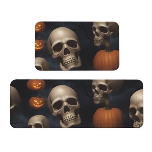 Halloween-Küchenmatten mit Totenkopf-Motiv, waschbar, 2er-Set, für Heimdekoration, Küchenzubehör von BGSHJVF