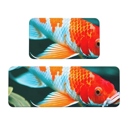 Hübsche Küchenmatten mit Koi-Fisch-Druck, waschbar, Küchenteppich, 2er-Set, für Heimdekoration, Küchenzubehör von BGSHJVF