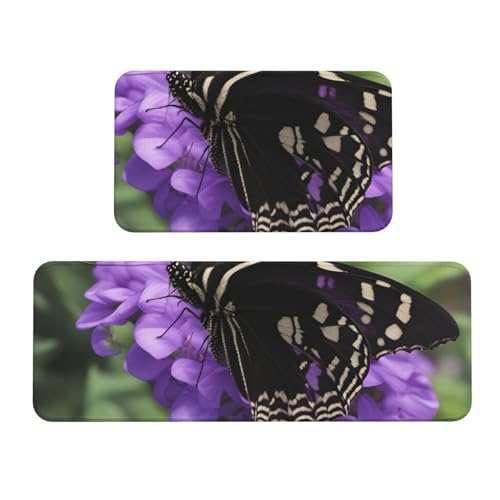 Küchenmatten mit Blumen- und Schmetterlings-Aufdruck, waschbare Küchenteppiche, 2er-Set, für Heimdekoration, Küchenzubehör von BGSHJVF