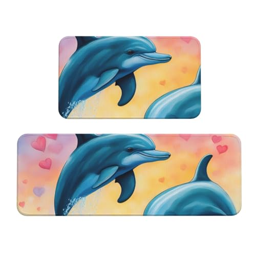 Küchenmatten mit Delfinen in Love bedruckt, für Boden, waschbar, Küchenteppich, 2er-Set, für Heimdekoration, Küchenzubehör von BGSHJVF