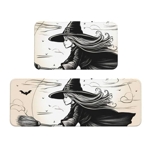 Küchenmatten mit Halloween-Hexen-Motiv, für Boden, waschbar, Küchenteppich, 2er-Set, für Heimdekoration, Küchenzubehör von BGSHJVF