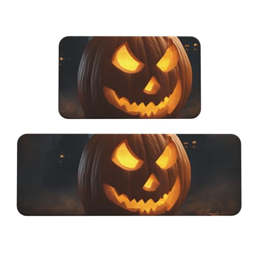 Küchenmatten mit Halloween-Kürbis-Druck, waschbar, Küchenteppich, 2er-Set, für Heimdekoration, Küchenzubehör von BGSHJVF