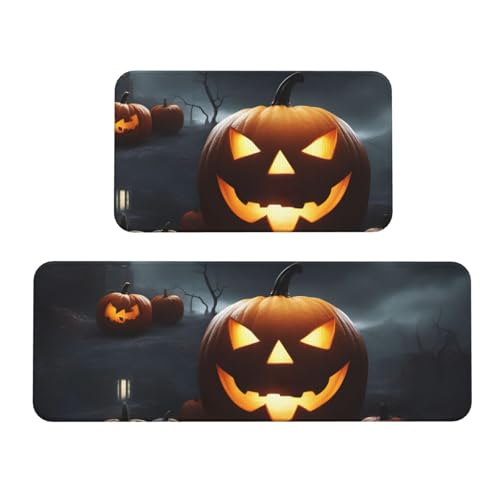 Küchenmatten mit Halloween-Kürbis-Druck, waschbar, Küchenteppich, 2er-Set, für Heimdekoration, Küchenzubehör von BGSHJVF