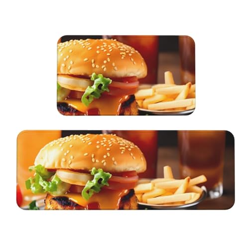 Küchenmatten mit Hühnerbein-Burgermotiv für Boden, waschbare Küchenteppiche, 2er-Set, für Heimdekoration, Küchenzubehör von BGSHJVF