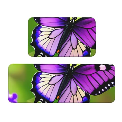 Küchenmatten mit Schmetterlings-Aufdruck, für Boden, waschbar, Küchenteppich, 2er-Set, für Heimdekoration, Küchenzubehör von BGSHJVF