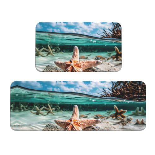 Küchenmatten mit Seestern und Korallen am Strand, waschbar, Küchenteppich, 2er-Set, für Heimdekoration, Küchenzubehör von BGSHJVF