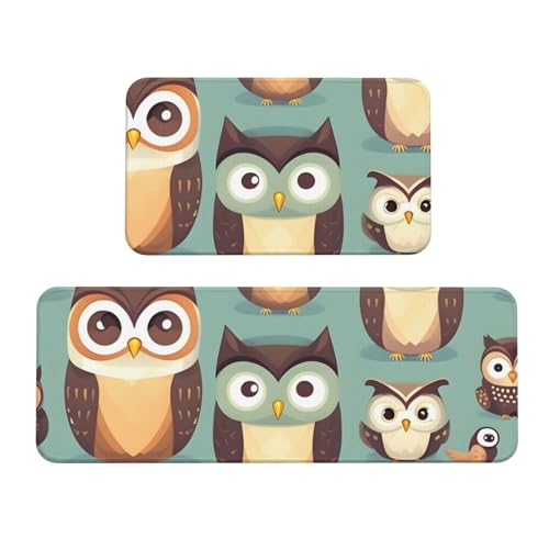 Küchenmatten mit Tier-Cartoon-Eulen, niedlicher Druck, für Boden, waschbar, Küchenteppich, 2er-Set, für Heimdekoration, Küchenzubehör von BGSHJVF