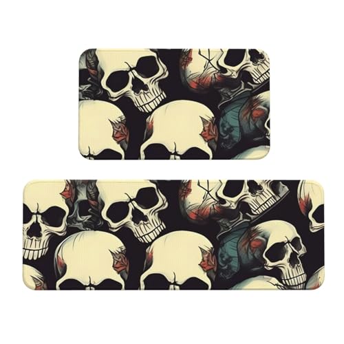 Küchenmatten mit Totenkopf-Skelett-Druck, waschbar, Küchenteppich, 2er-Set, für Heimdekoration, Küchenzubehör von BGSHJVF