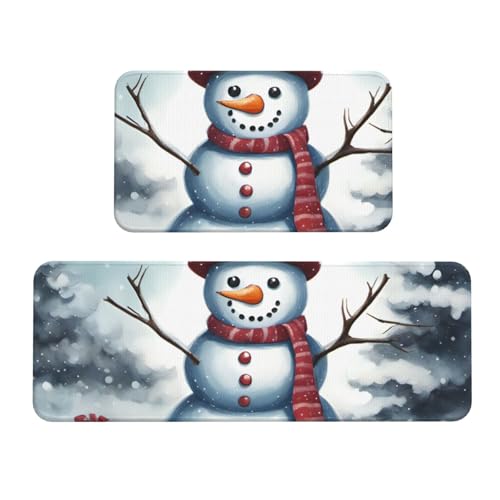 Küchenmatten mit Weihnachtsschneemann-Druck, waschbar, Küchenteppich, 2er-Set, für Heimdekoration, Küchenzubehör von BGSHJVF