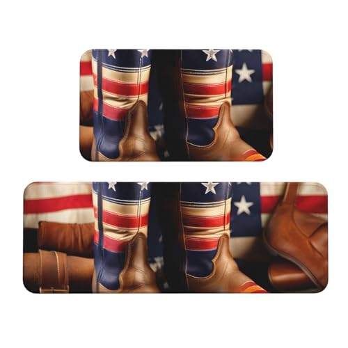 Küchenmatten mit amerikanischer Flagge und Cowboystiefel-Druck, waschbare Küchenteppiche, 2er-Set, für Heimdekoration, Küchenzubehör von BGSHJVF