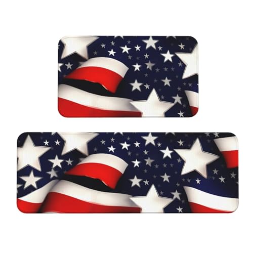 Küchenmatten mit amerikanischer Flagge und Sternen und Streifen, waschbar, Küchenteppich, 2er-Set, für Heimdekoration, Küchenzubehör von BGSHJVF