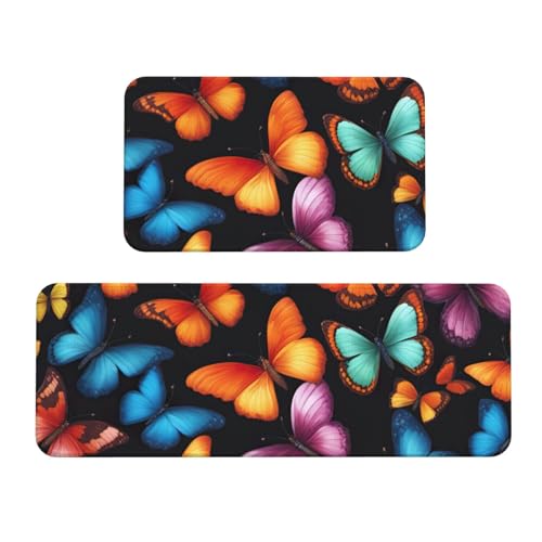 Küchenmatten mit buntem Schmetterlings-Druck, waschbar, 2er-Set, für Heimdekoration, Küchenzubehör von BGSHJVF