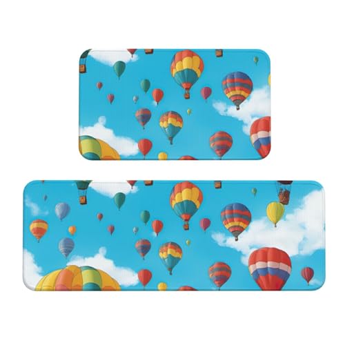 Küchenmatten mit bunten Luftballons, blauer Himmel, waschbar, Küchenteppich, 2er-Set, für Heimdekoration, Küchenzubehör von BGSHJVF