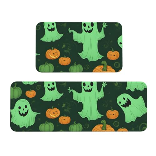 Küchenmatten mit grünem Geist, Horror, Halloween-Kürbis-Druck, waschbar, Küchenteppich, 2er-Set, für Heimdekoration, Küchenzubehör von BGSHJVF