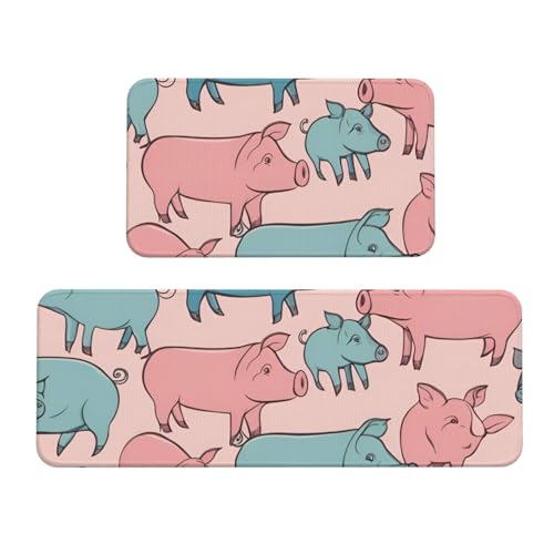 Küchenmatten mit niedlichem Schweinemuster, für Boden, waschbar, Küchenteppich, 2er-Set, für Heimdekoration, Küchenzubehör von BGSHJVF