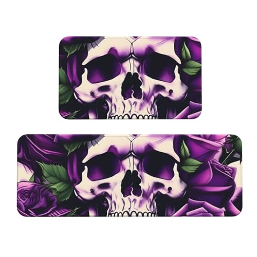 Küchenmatten mit violettem Rosen-Totenkopf-Druck, für Boden, waschbar, Küchenteppich, 2er-Set, für Heimdekoration, Küchenzubehör von BGSHJVF
