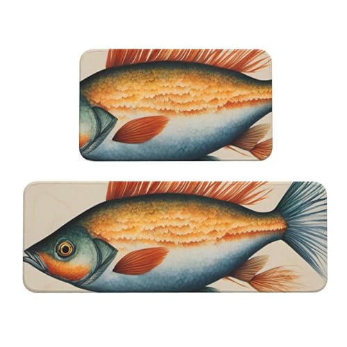 Safflower Küchenmatten mit fliegendem Fisch-Druck, für Boden, waschbar, Küchenteppich, 2er-Set, für Heimdekoration, Küchenzubehör von BGSHJVF