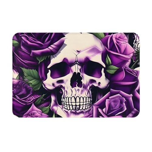 Sehr dünne Fußmatte mit vielen violetten Rosen und Totenkopf-Aufdruck, perfekt für Haustür, Hintertür, Terrasse und Eingangsbereich von BGSHJVF