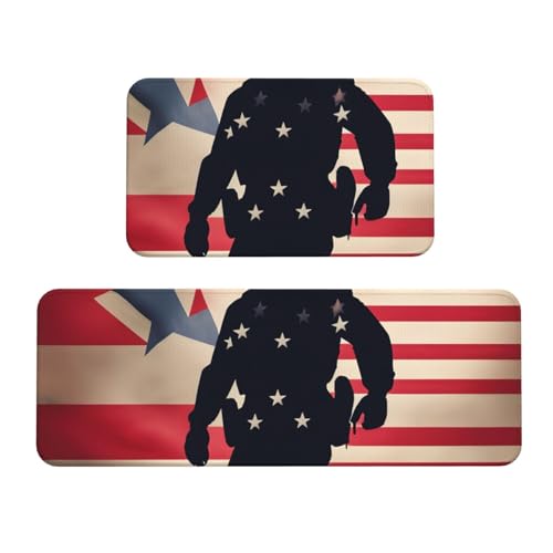 US-Militär-Soldaten patriotischer Gedenktags-Druck, Küchenmatten für Boden, waschbare Küchenteppiche, 2er-Set, für Heimdekoration, Küchenzubehör von BGSHJVF
