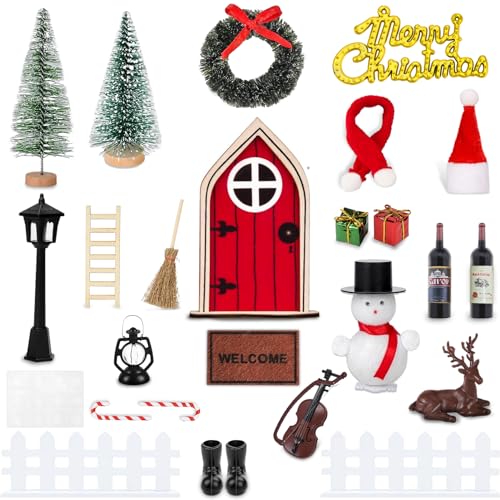 Wichteltür Zubehör Weihnachten Set,Weihnachtsdeko Elfentür,27 Stück Miniatur Wichtelhaus Weihnachtsdeko Zäun,Stiefel,Leiter,Öllampe usw,Weihnachtswichtel zubehör Set für Kinder Geschenke von BGTLJKD