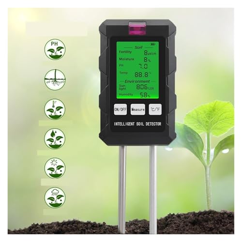 BGTSF Boden-pH-Tester Digitales 6-in-1-Multifunktions-Boden-PH-Meter PH/Temperatur/Sonnenschein-Feuchtigkeitstester Gartengerät für Garten, Rasen, Landwirtschaft und Zimmer-/Freilandpflanzen von BGTSF