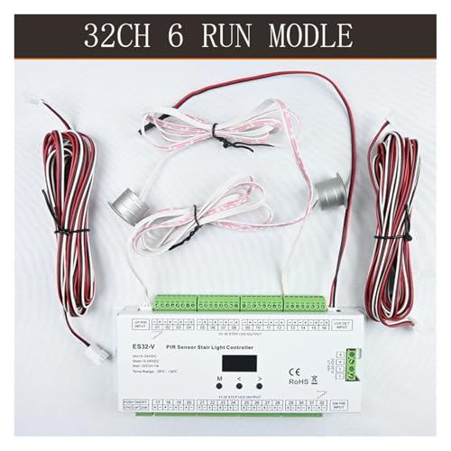 BGTSF Treppenlicht-Controller-Kit, ES32-V 6 Betriebsmodi 32-Kanal-Ausgang Infrarotsteuerung PIR-Sensor Treppenlicht-Controller-KIT For Einfarbige COB-LED-Streifen(5M WW COB Strip Only) von BGTSF