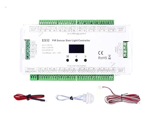 Treppenlicht-Controller-Kit, ES32 Einfarbiger 2-Kanal-Pixel-RGB-SPI-LED-Streifendimmer 8-32 Stufen Treppenlicht 32-Kanal-Treppen-LED-Licht PIR-Bewegungssensor-Controller(ES32 Controller) von BGTSF