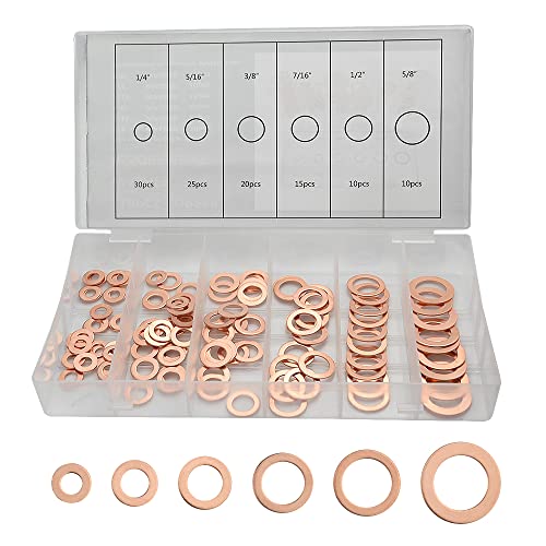 BGTXINGI 110Pcs 6 Arten Kupfer Dichtungsscheiben Kupfer Flachdichtung Öl Dichtungsscheibe Box 1/4'' 5/16'' 3/8'' 7/16'' 1/2'' 5/8'' von BGTXINGI