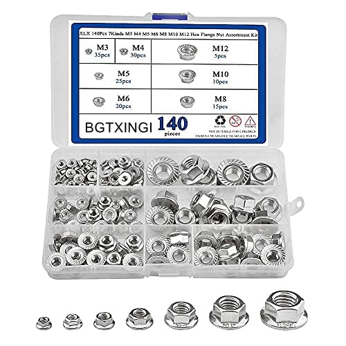 BGTXINGI 140 Stück 7 Arten 304 Edelstahl M3 M4 M5 M6 M8 M10 M12 Edelstahl DIN6923 Sechskant-Flanschmuttern Sortiment Kit mit geformten Zähnen für Rutschfestigkeit und Anti-Lose von BGTXINGI