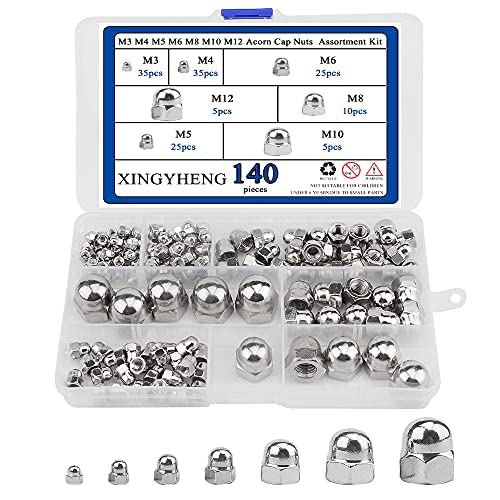 BGTXINGI 140 Stück 7 Arten 304 Edelstahl M3 M4 M5 M6 M8 M10 M12 Hutmutter Dekorative Sechskantmuttern Sortiment Kit von BGTXINGI