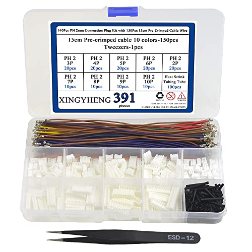 BGTXINGI 140 Stück PH 2 mm Verbindungsstecker-Kit mit 150 Stück 15 cm vorgecrimptem Kabeldraht 2/3/4/5/6/7/8/9/10-poliges Haus, kompatibel mit JST PH-Anschluss von BGTXINGI
