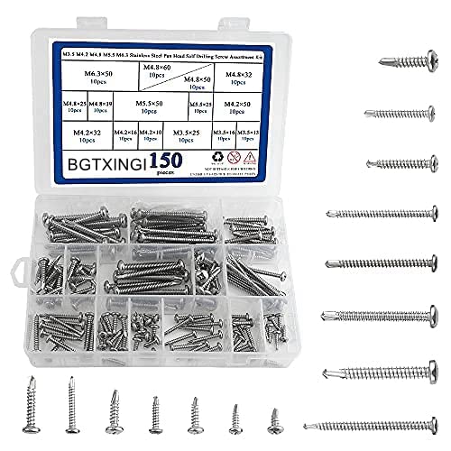 BGTXINGI 150 Stück 5 Arten M3,5 M4,2 M4,8 M5,5 M6,3 Edelstahl Flachkopf Selbstbohrende Schraube Blech Metall Holz Schrauben Sortiment Kit Gesammelt in einem praktischen Koffer von BGTXINGI
