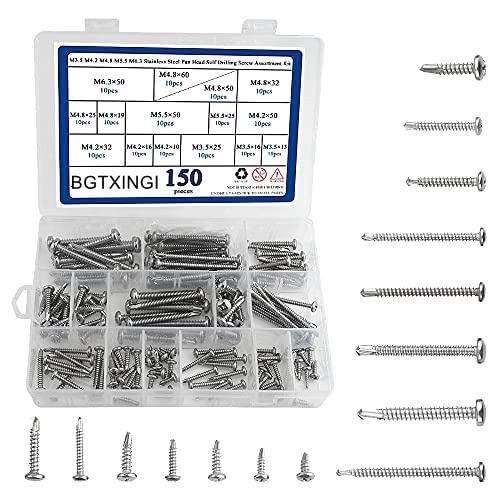 BGTXINGI 150 Stück 5 Arten M3.5 M4.2 M4.8 M5.5 M6.3 Edelstahl Flachkopfschrauben Selbstbohrende Schrauben Blech Metall Holz Schrauben Sortiment Kit gesammelt in einem praktischen Koffer von BGTXINGI