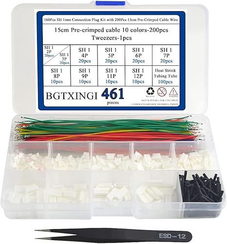 BGTXINGI 160 Stück SH 1 mm Verbindungsstecker-Kit mit 200 Stück 15 cm vorgecrimptem Kabeldraht 2/3/4/5/6/7/8/9/10/12-poliges Haus, kompatibel mit JST PH-Anschluss von BGTXINGI