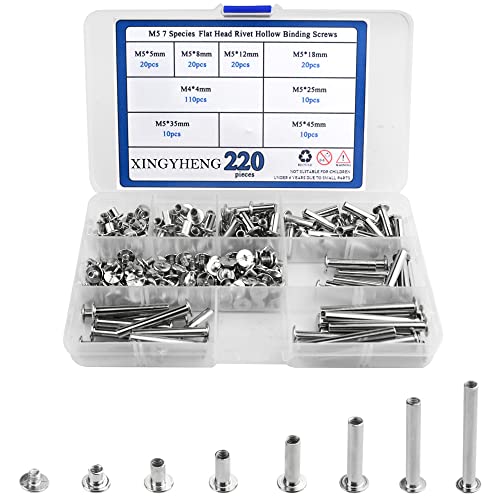 BGTXINGI 220 (110 Set) M5 7 Arten Edelstahl Flach Bindung Head Stift Hohl Schrauben T-Form rund Docking Stift Sortiment Kit für Scrapbook Album Binding und Leder Reparatur von BGTXINGI