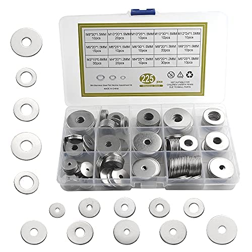 BGTXINGI 225pcs 7 Arten 304 Edelstahl flache Unterlegscheiben Sortiment Kit für Haus Dekoration Fabriken Reparatur Küchen Geschäfte und Outdoor-Bau M3 M4 M5 M6 M8 M10 M12 von BGTXINGI