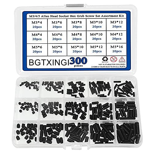 BGTXINGI 300pcs M3/4/5 Innensechskant Madenschrauben Set Sortiment Kit mit Kunststoffbox 12.9 Klasse schwarz legierter Stahl (Innensechskant Madenschrauben Set) von BGTXINGI